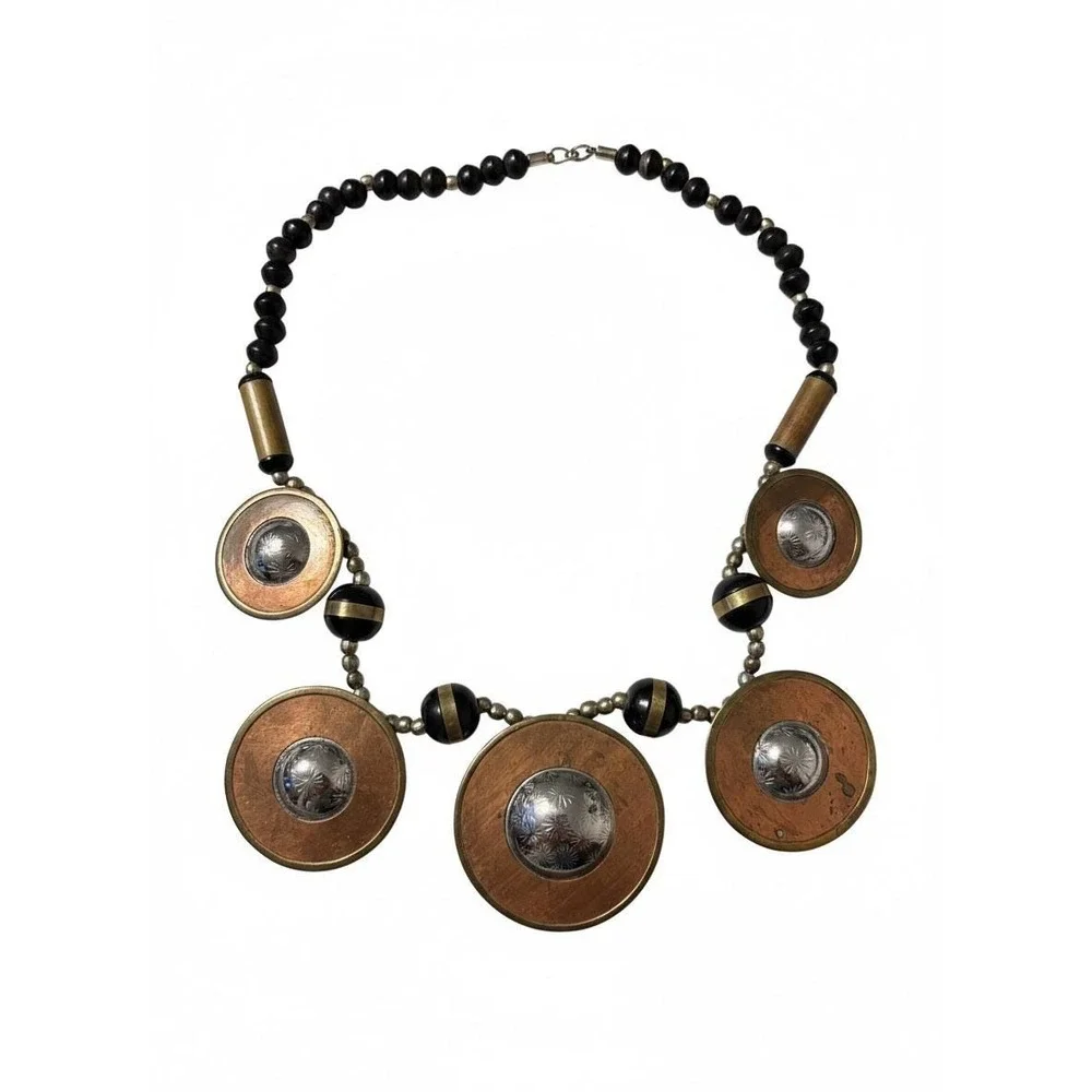 Unique Gem! 1970s Statement Necklace Boho Tribal Wood Beads Copper Accents Retro